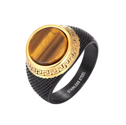 Ring Black Stainless Steel Tigers Eye Stone